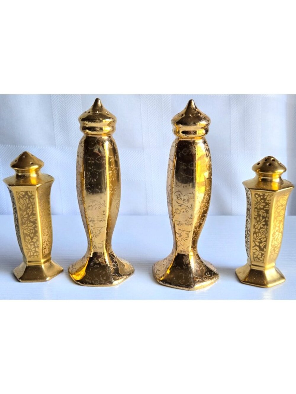 Gilded Ceramic Salt & Pepper Shakers 5.5" Tall & 4" Tall Japan Lot of 4 VTG